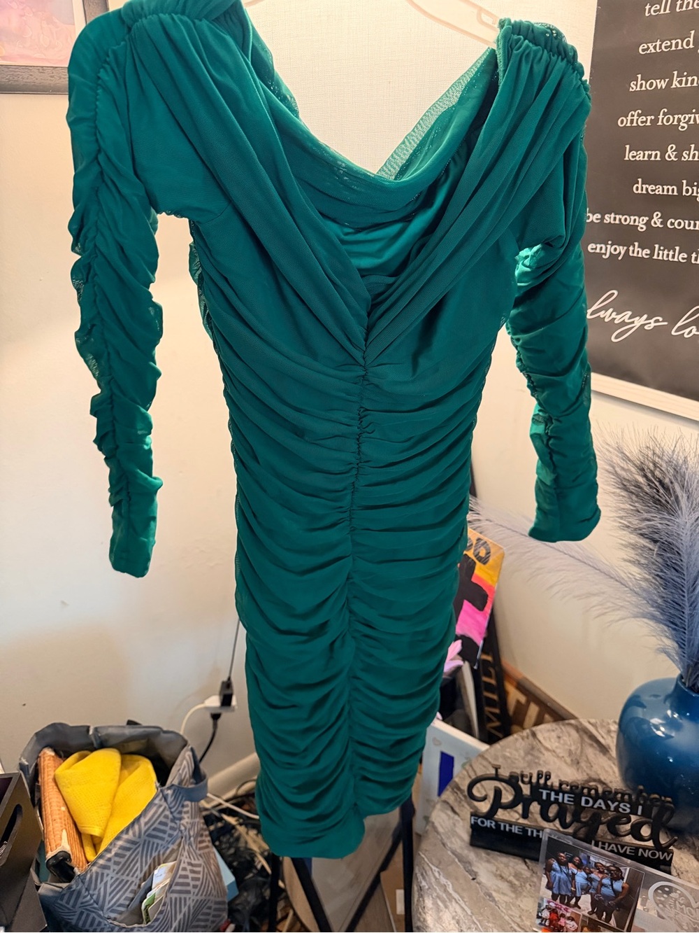 Clio Teal Ruched Long-Sleeve Draped Midi Dress